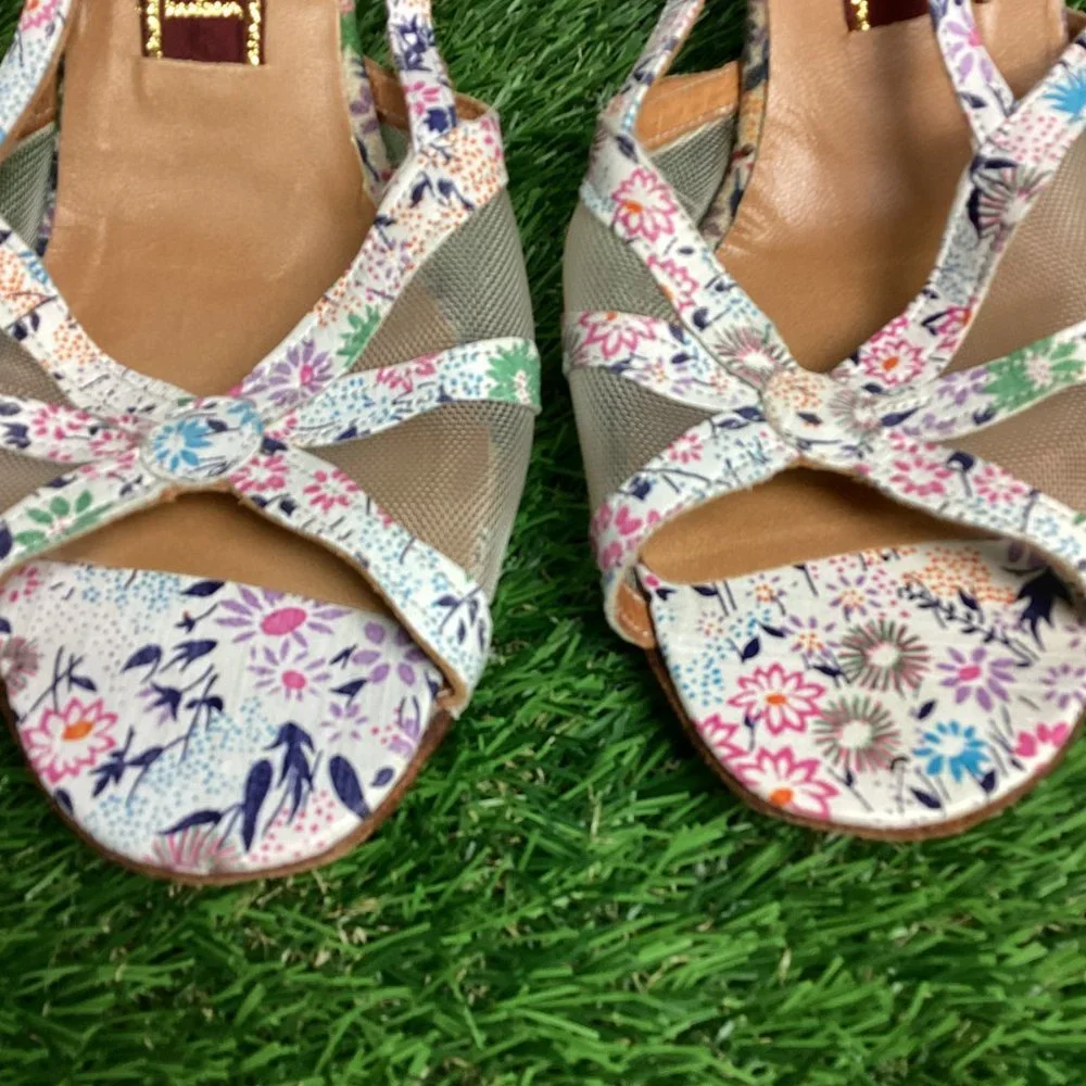 Jack Rogers Vintage Heeled Leather Sandal Floral Pastel 7M